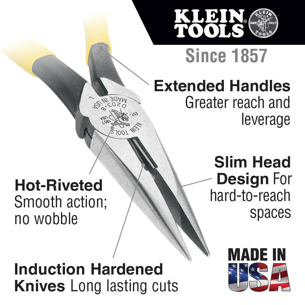 Klein Tools D203-8 8-inch Side-Cutting Long-Nose Pliers showing features of the