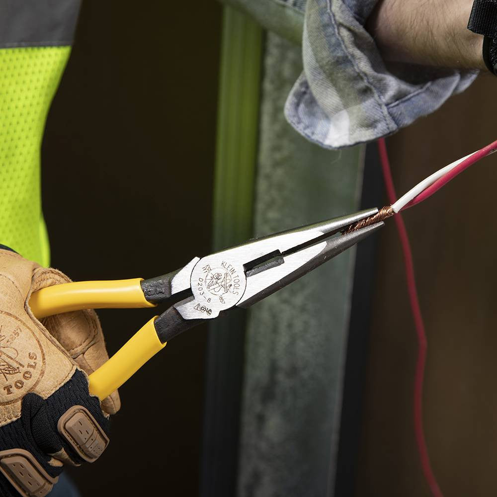 Klein Tools D203-8 8-inch Side-Cutting Long-Nose Pliers showing in use twisting wires together