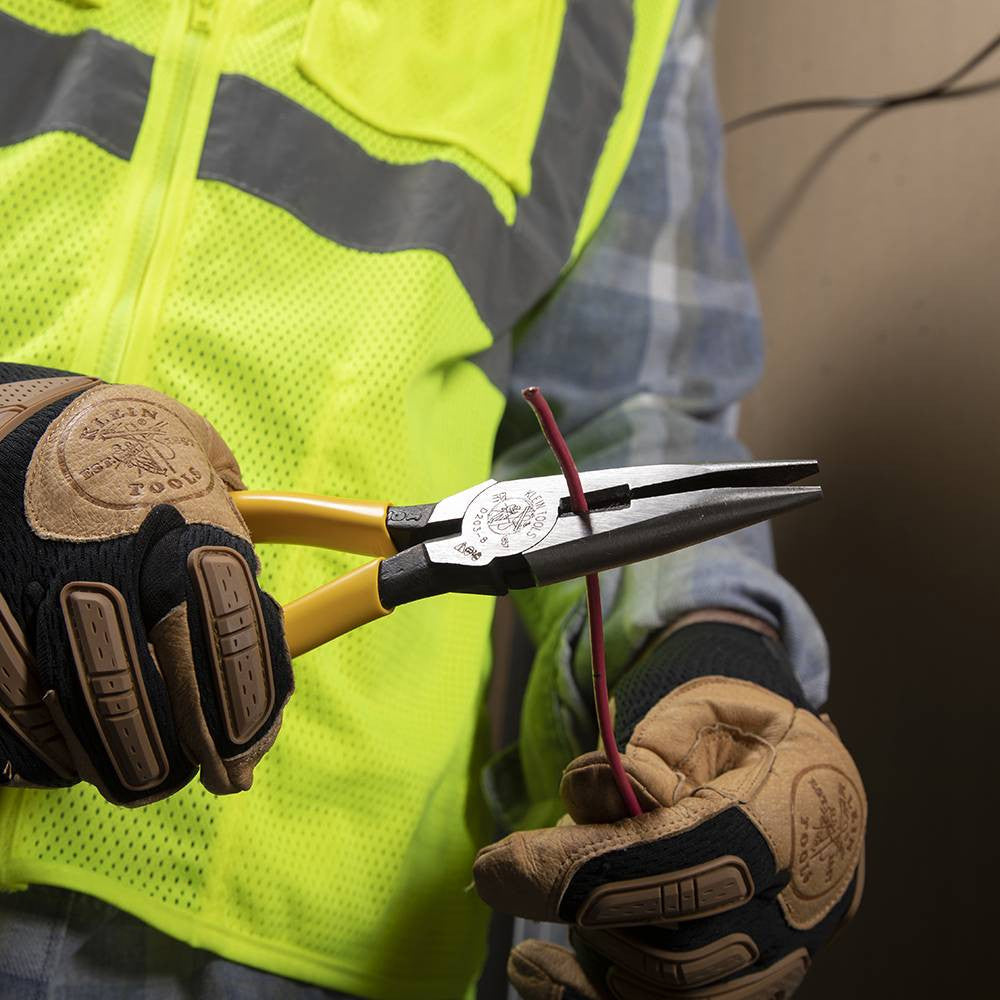 Klein Tools D203-8 8-inch Side-Cutting Long-Nose Pliers showing in use cutting electrical wire
