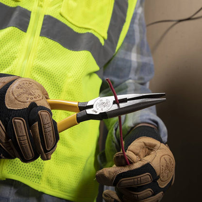 Klein Tools D203-8 8-inch Side-Cutting Long-Nose Pliers showing in use cutting electrical wire