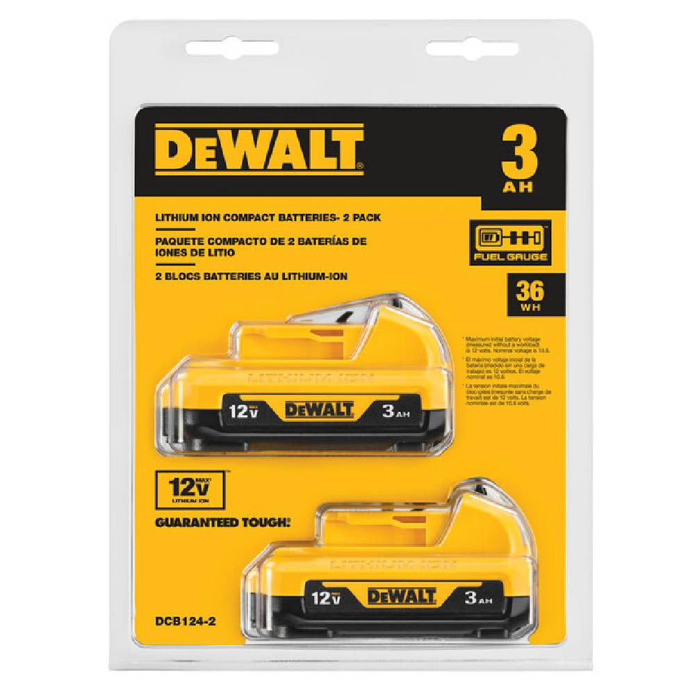 DeWalt DCB124 12V 3.0 Ah Li-Ion Battery - 2pk showing in packaging