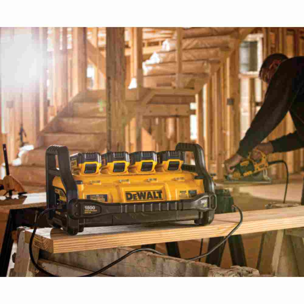 DeWalt DCB1800B 1800 Watt Portable Power Station and Simultaneous Battery Charger (Tool Only) showing in use running a circular saw (Sold Separately)