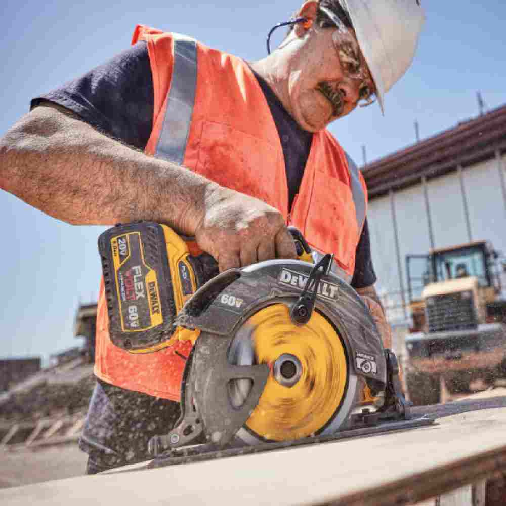 DeWalt DCB609-2 20V / 60V MAX FLEXVOLT 9.0 Ah Li-Ion Batteries - 2pk showing in use powering a circular saw (Saw sold separately)
