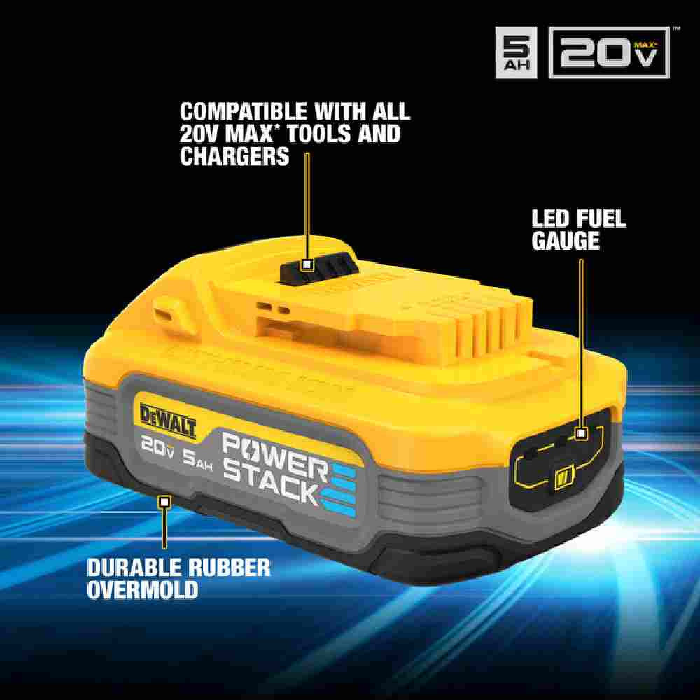 DeWalt DCBP520 20V MAX POWERSTACK 5.0 Ah Battery showing features of the battery