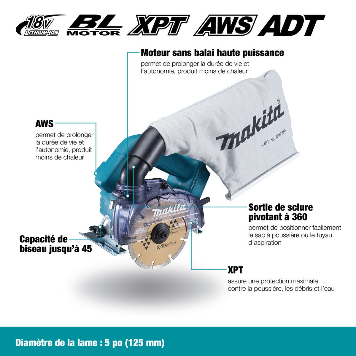 Makita DCC500ZX1 18V LXT Cordless Brushless 5 inch Wet/Dry Masonry Saw (Tool Only) showing features of the saw in French