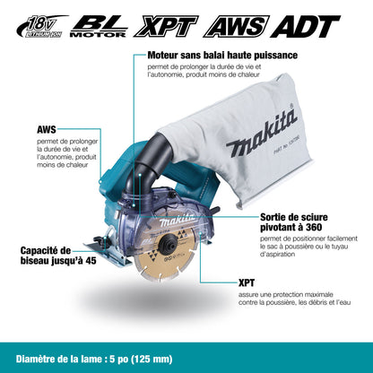 Makita DCC500ZX1 18V LXT Cordless Brushless 5 inch Wet/Dry Masonry Saw (Tool Only) showing features of the saw in French