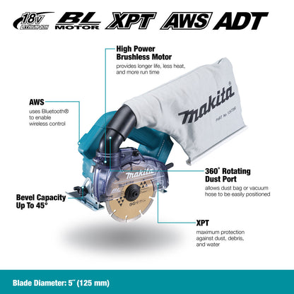 Makita DCC500ZX1 18V LXT Cordless Brushless 5 inch Wet/Dry Masonry Saw (Tool Only) showing features of the saw in English