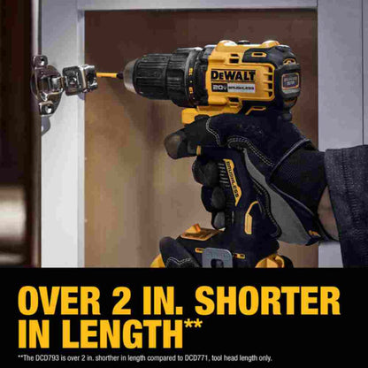 DeWalt DCD793D1 20V MAX Cordless Brushless 1/2 inch Drill/Driver Kit showing size feature by fastening hinge inside of cabinet