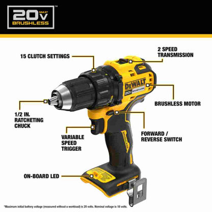 DeWalt DCD793D1 20V MAX Cordless Brushless 1/2 inch Drill/Driver Kit showing features of the drill
