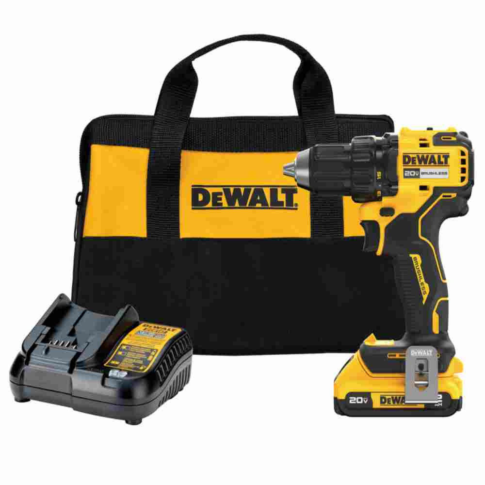 DeWalt DCD793D1 20V MAX Cordless Brushless 1/2 inch Drill/Driver Kit showing full kit