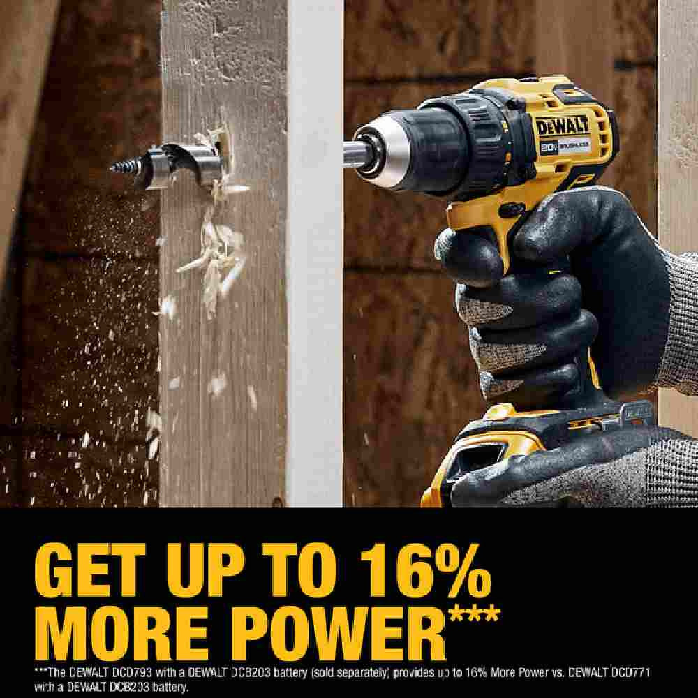 DeWalt DCD793D1 20V MAX Cordless Brushless 1/2 inch Drill/Driver Kit showing feature of additional power by drilling in to a wood stud