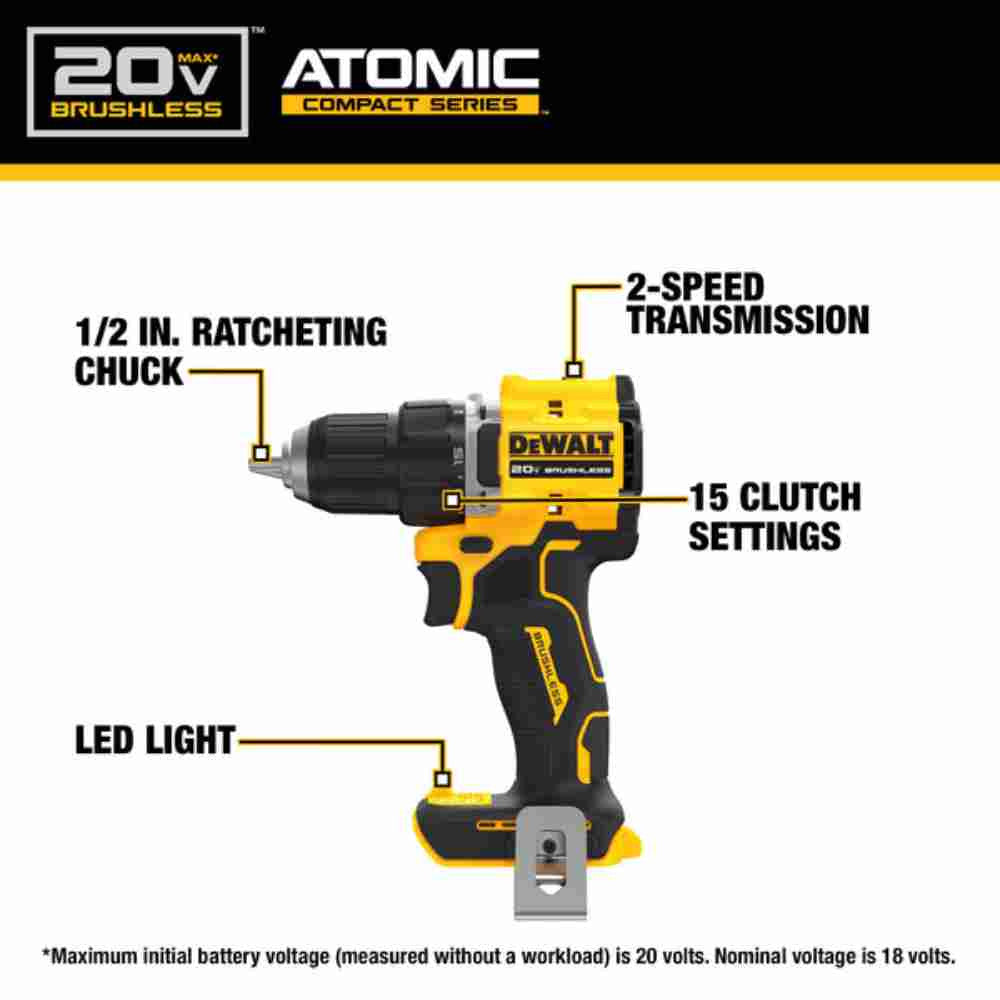 DeWalt DCD794B ATOMIC COMPACT SERIES 20V MAX Cordless Brushless 1/2 inch Drill/Driver (Tool Only) showing features of the drill