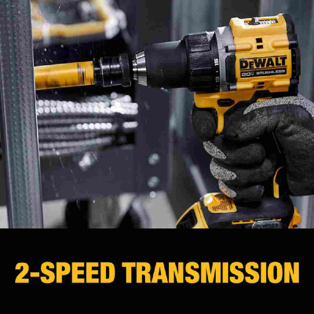 DeWalt DCD794B ATOMIC COMPACT SERIES 20V MAX Cordless Brushless 1/2 inch Drill/Driver (Tool Only) showing in use drilling hole saw through steel studs while talking about the 2-speed transmission
