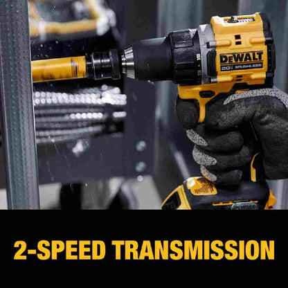 DeWalt DCD794B ATOMIC COMPACT SERIES 20V MAX Cordless Brushless 1/2 inch Drill/Driver (Tool Only) showing in use drilling hole saw through steel studs while talking about the 2-speed transmission