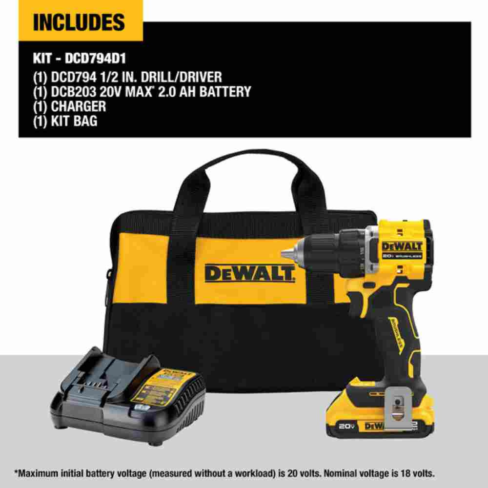 DeWalt DCD794D1 ATOMIC COMPACT SERIES 20V MAX Cordless Brushless 1/2 inch Drill/Driver Kit showing inclusions of the kit