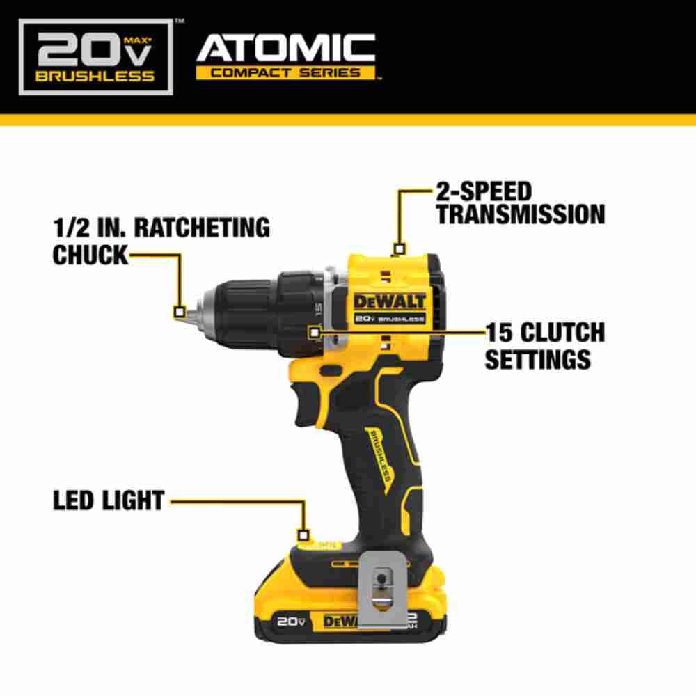 DeWalt DCD794D1 ATOMIC COMPACT SERIES 20V MAX Cordless Brushless 1/2 inch Drill/Driver Kit showing features of the drill