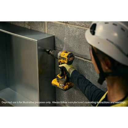 DeWalt DCD806B 20V MAX XR Cordless Cordless 1/2in Hammer Drill/Driver (Tool Only) showing in use drilling through steel plating (Battery and Bit sold separately)