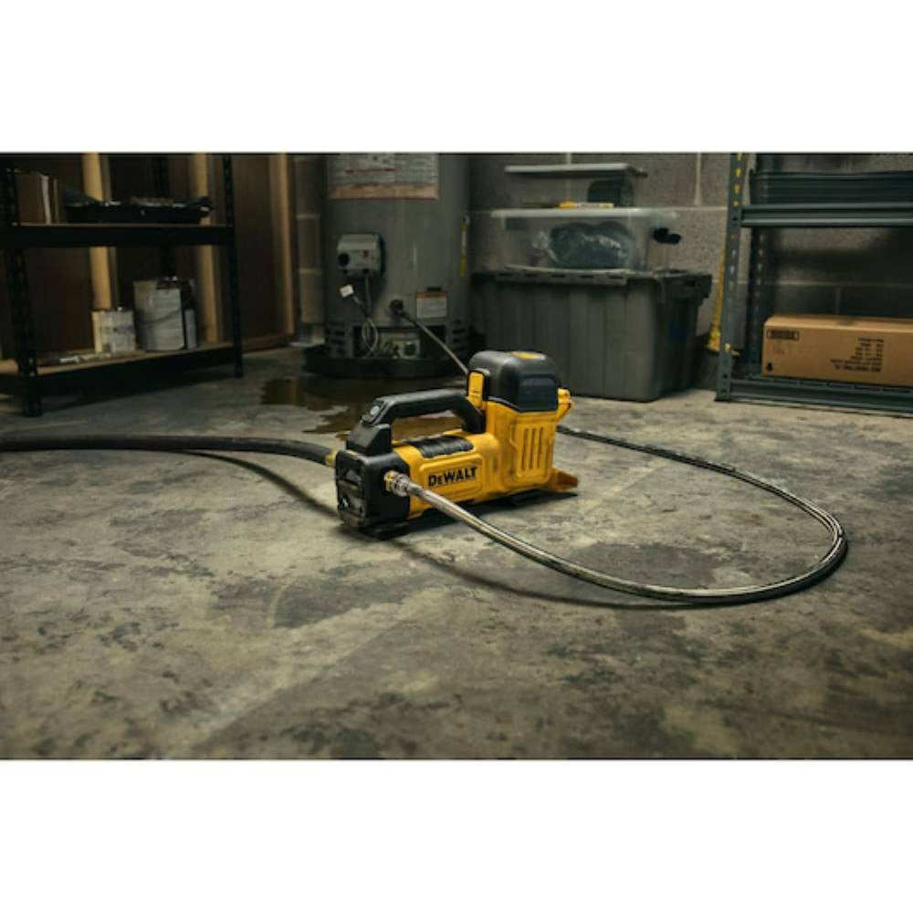 DeWalt DCE050B 20V MAX Cordless Transfer Pump (Tool Only) showing in use transferring water out of a hot water tank (Battery sold separately)