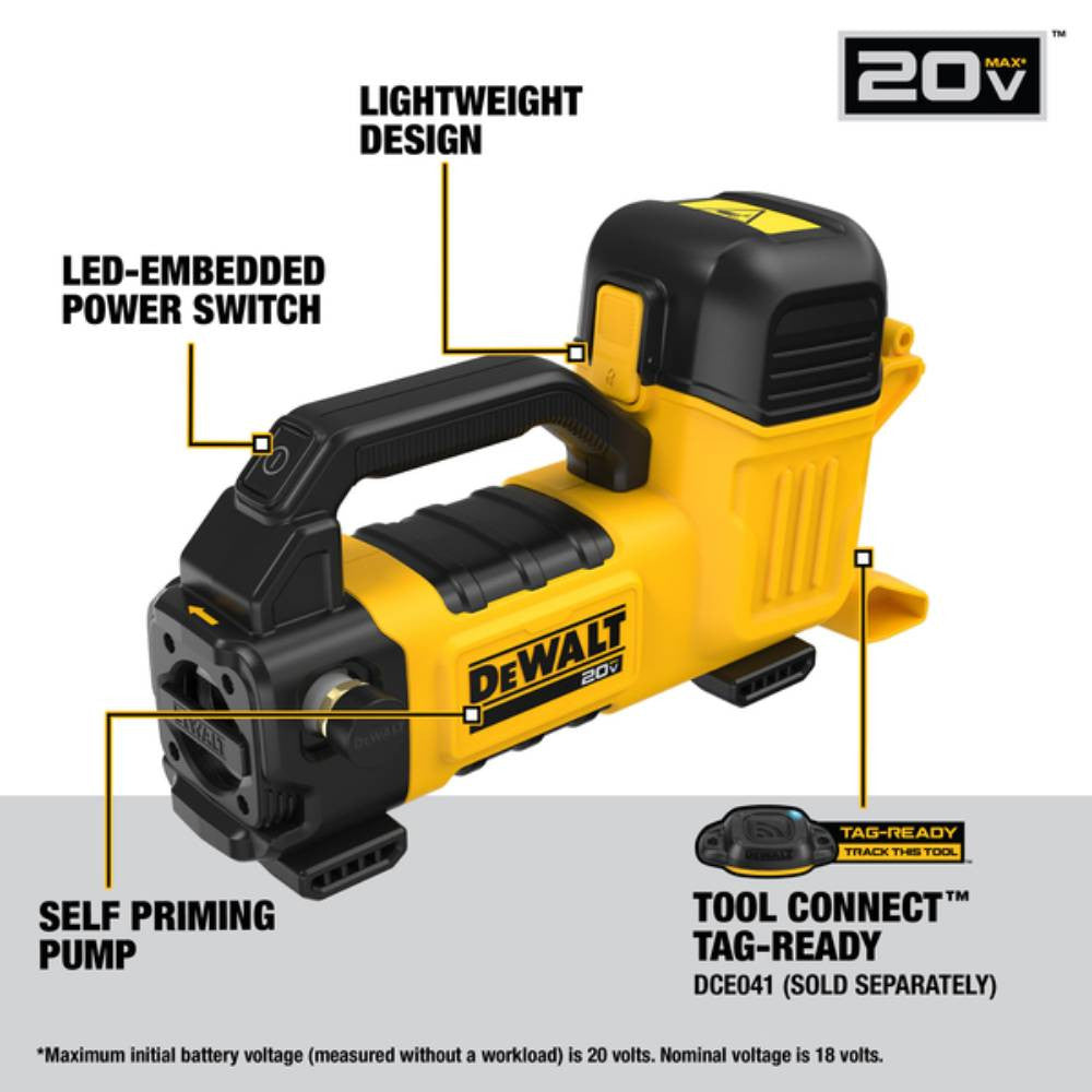 DeWalt DCE050B 20V MAX Cordless Transfer Pump (Tool Only) showing features of the tools
