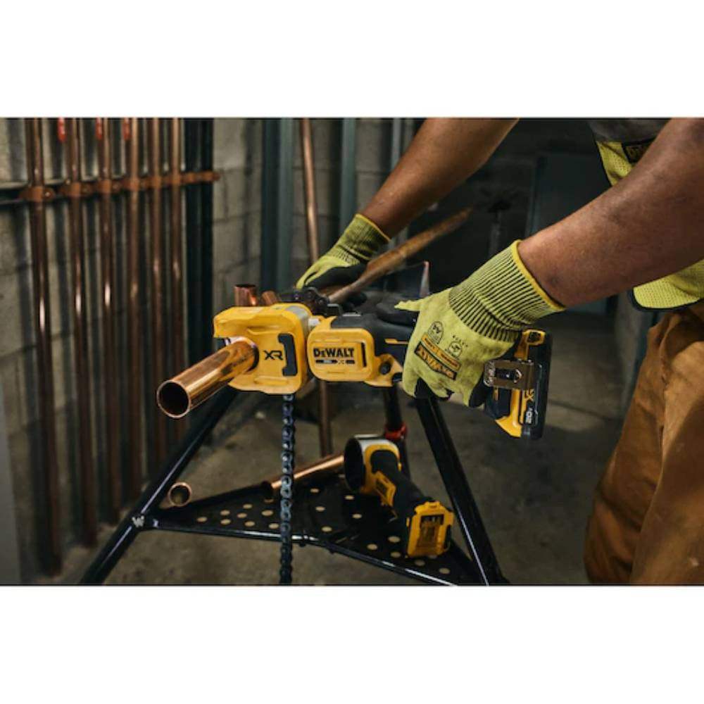DeWalt DCE154B 20V MAX XR Cordless 1-1/4in Copper Tubing Cutter (Tool Only) showing in use cutting copper pipe while mounted on tripod (Battery sold separately)