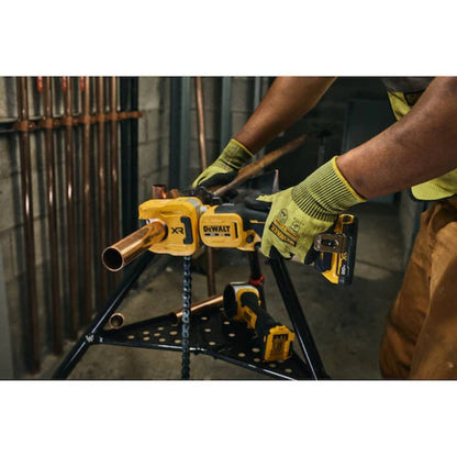 DeWalt DCE154B 20V MAX XR Cordless 1-1/4in Copper Tubing Cutter (Tool Only) showing in use cutting copper pipe while mounted on tripod (Battery sold separately)