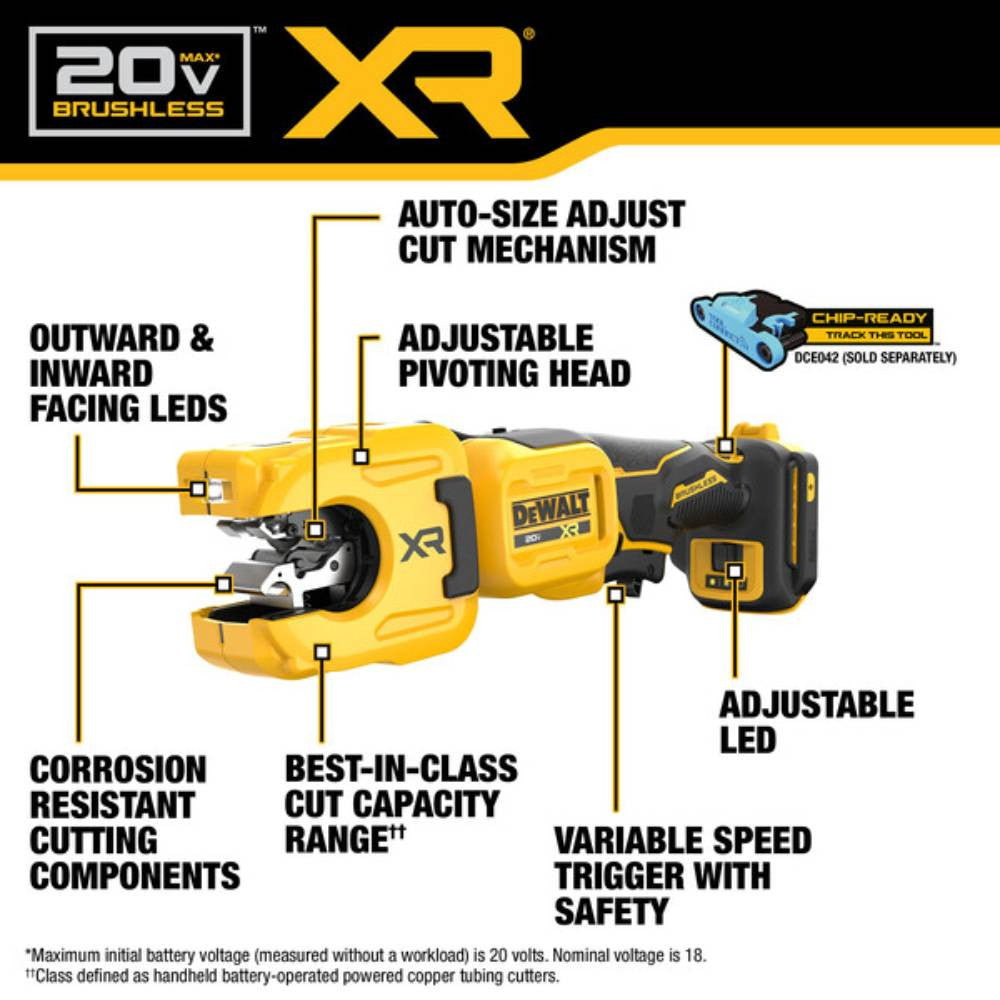 DeWalt DCE154B 20V MAX XR Cordless 1-1/4in Copper Tubing Cutter (Tool Only) showing features of the tools