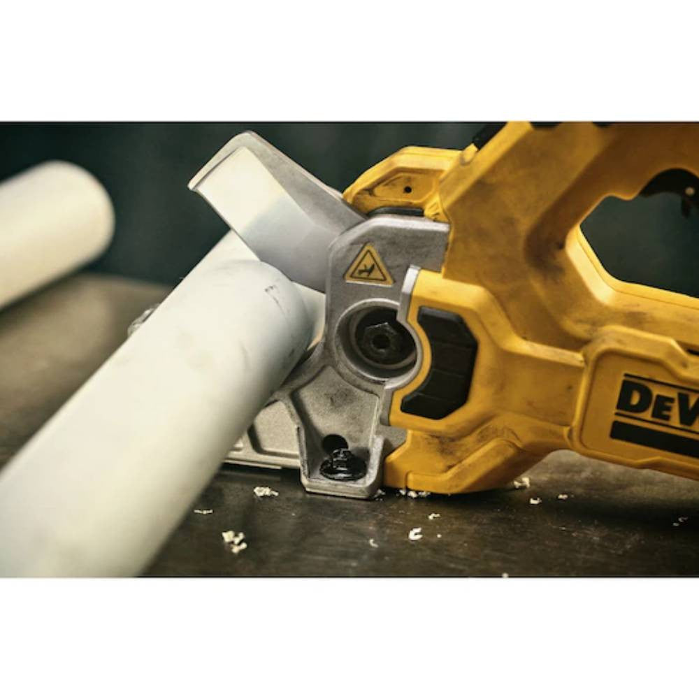 DeWalt DCE180B 20V MAX Cordless Plastic Tubing Cutter (Tool Only) showing in use cutting PVC while being mounted to a table