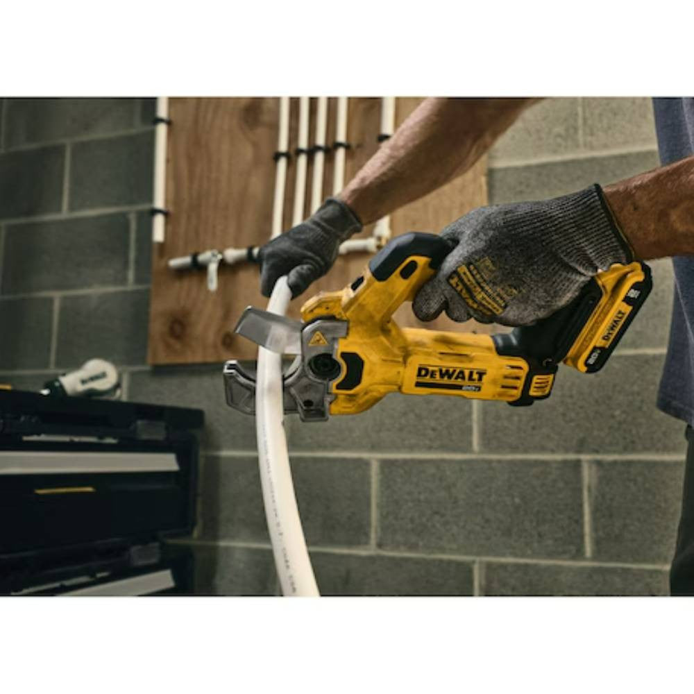 DeWalt DCE180B 20V MAX Cordless Plastic Tubing Cutter (Tool Only) showing in use cutting PVC while being held in your hand