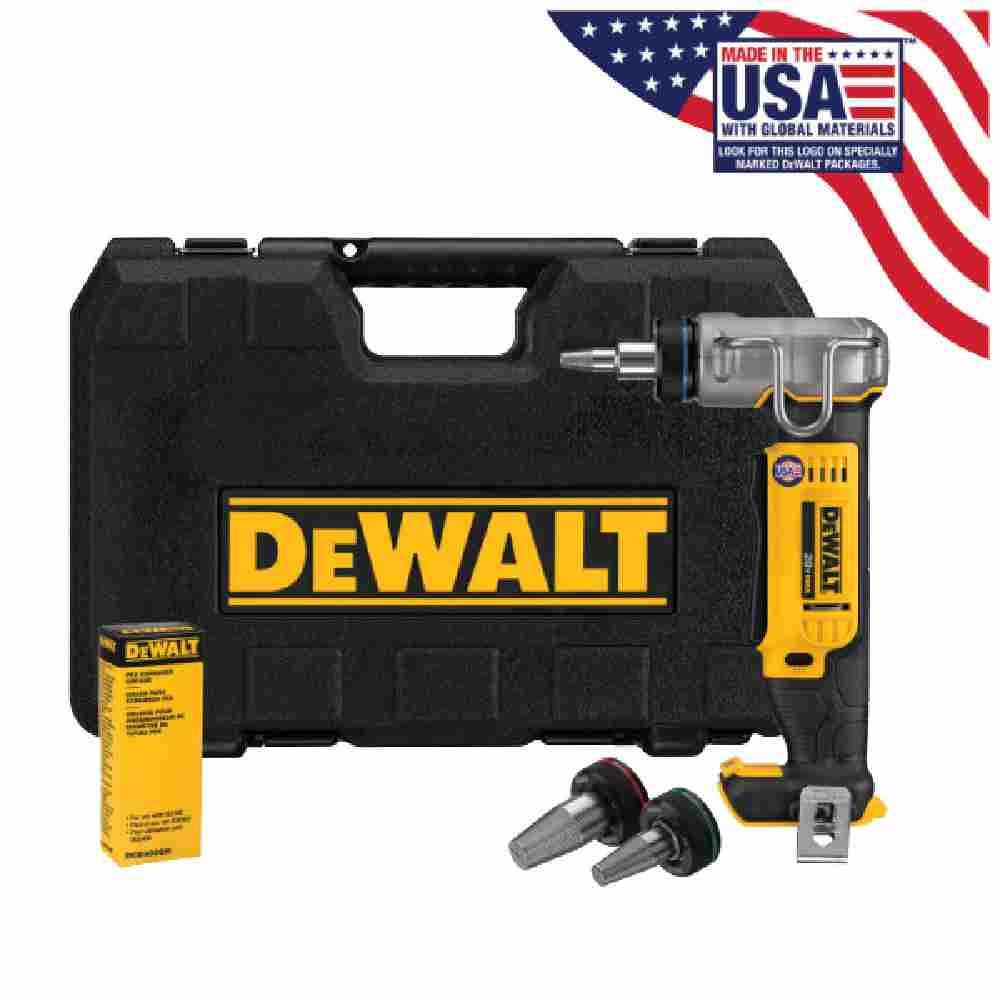 DeWalt DCE400B 20V Max Cordless 1 inch PEX Expander (Tool Only) showing all pieces of the kit