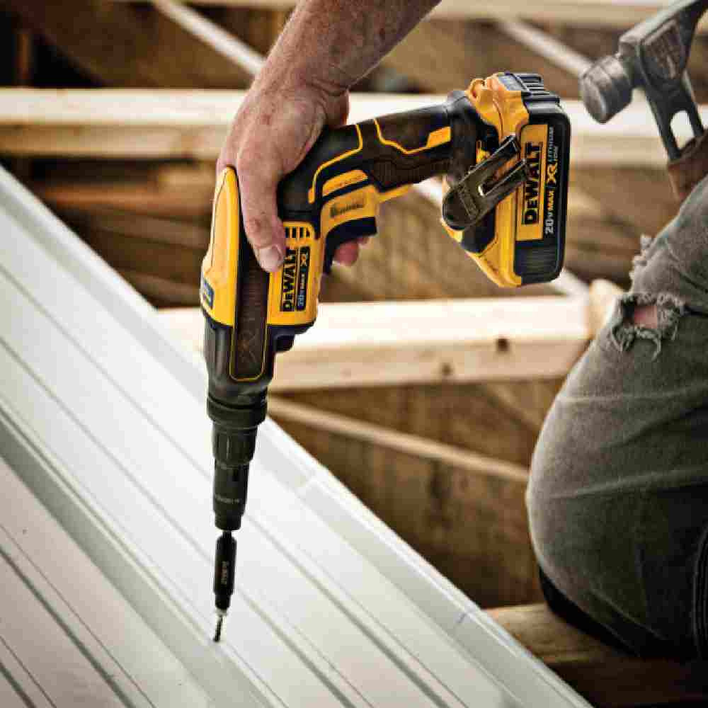 DeWalt DCF622B 20V MAX XR Cordless Versa-Clutch Adjustable Torque Screw Gun (Tool Only) showing screwing corrugated metal for roofing