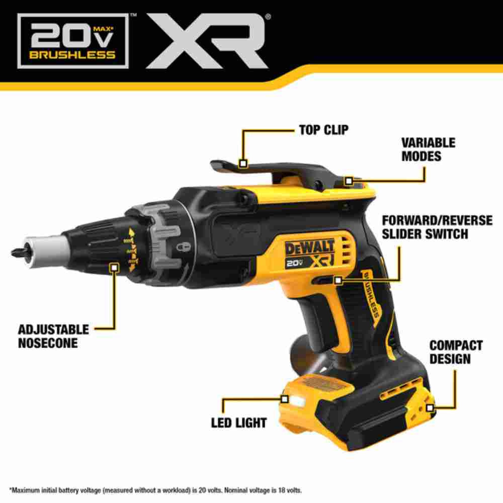 DeWalt DCF630B 20V MAX XR Cordless Brushless Drywall Screwgun (Tool Only) showing features of the screwgun