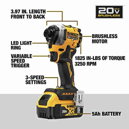 DeWalt DCF850P1 ATOMIC 20V MAX Cordless Brushless 3-Speed 1/4 inch Impact Driver Kit showing features of the impact driver