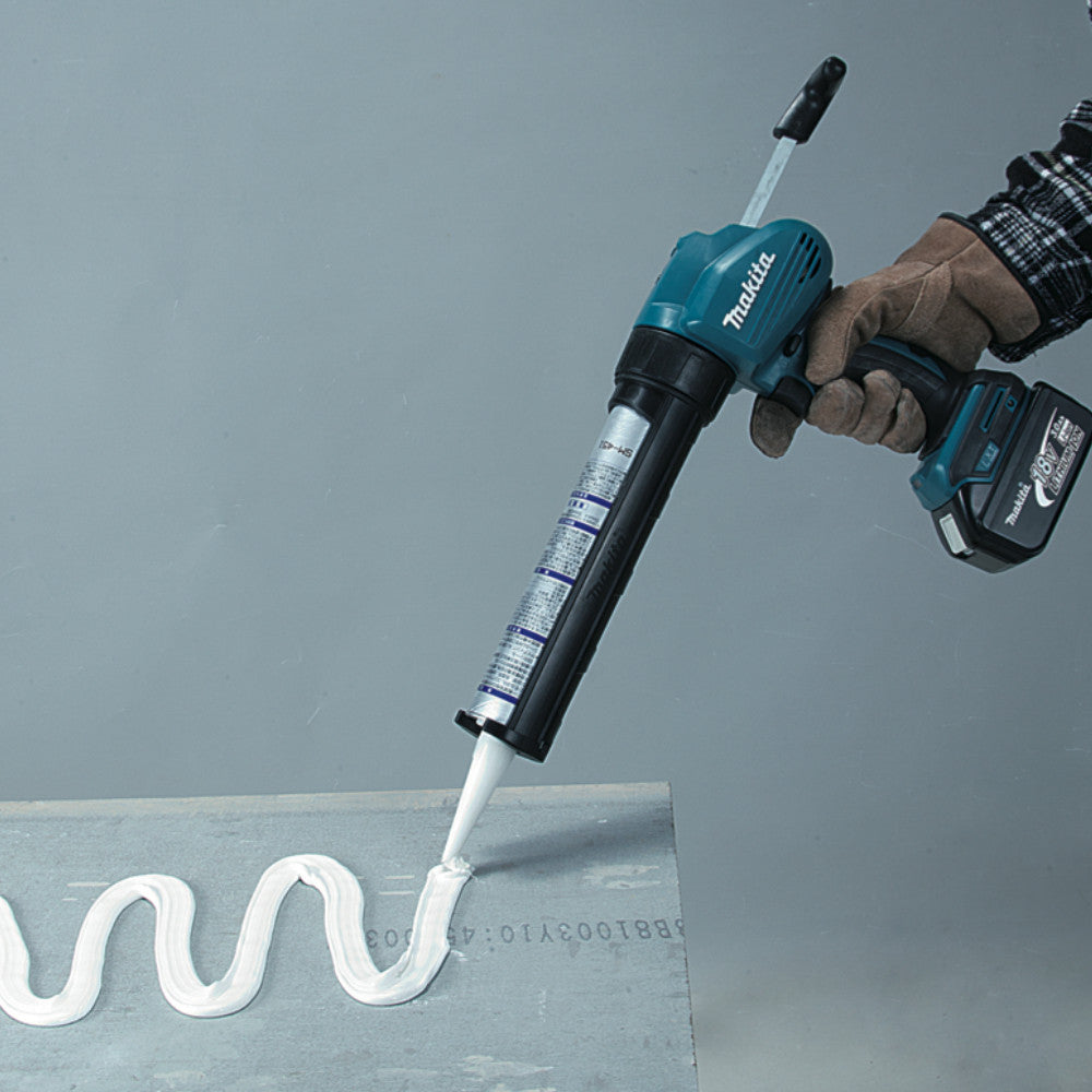Makita DCG180ZB 18V Cordless 600ml Caulking Gun (Tool Only) showing in use gluing pexi-glass panel