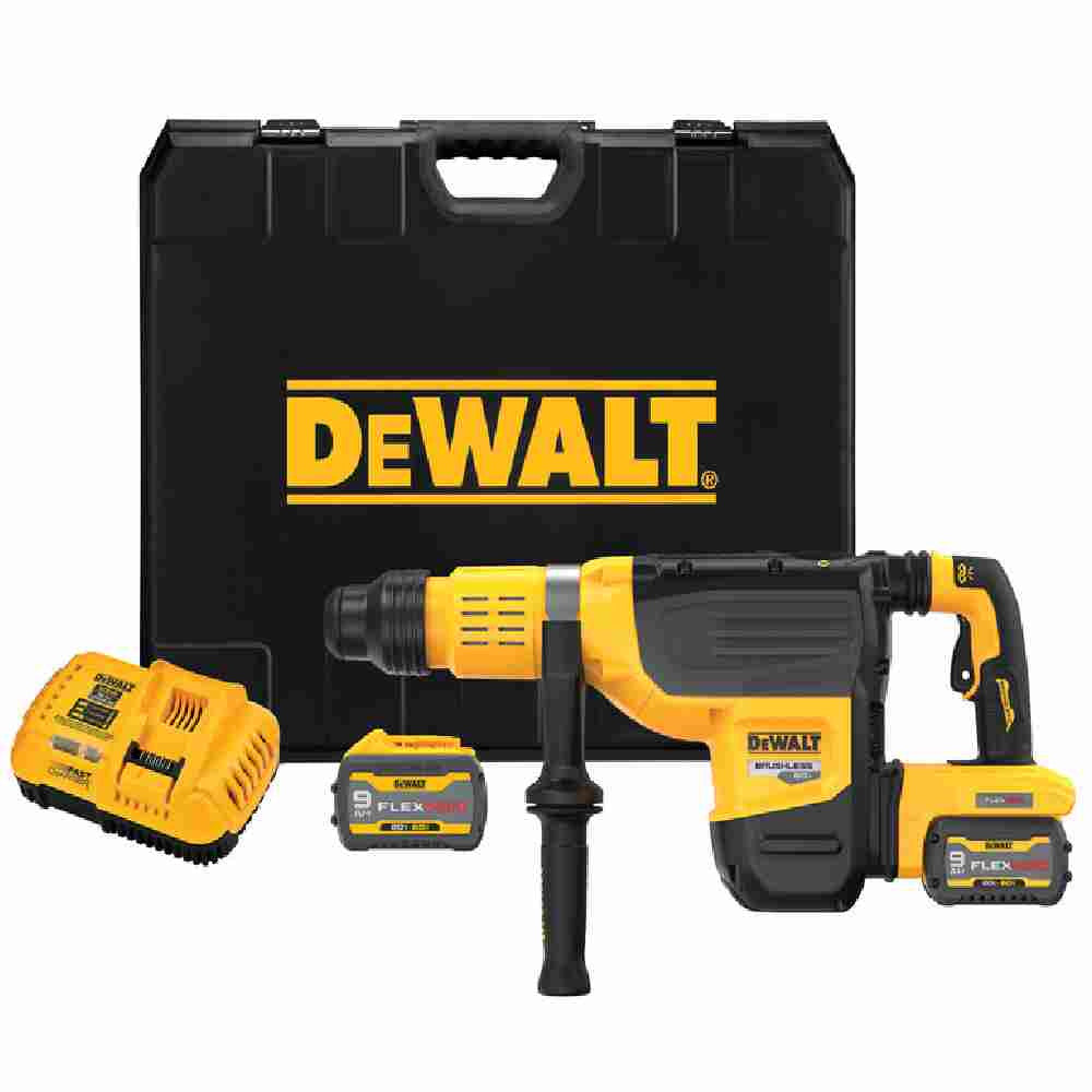 DeWalt DCH775X2 60V MAX Cordless Brushless 2 inch SDS Max Combination Rotary Hammer Drill Kit showing what included in the kit