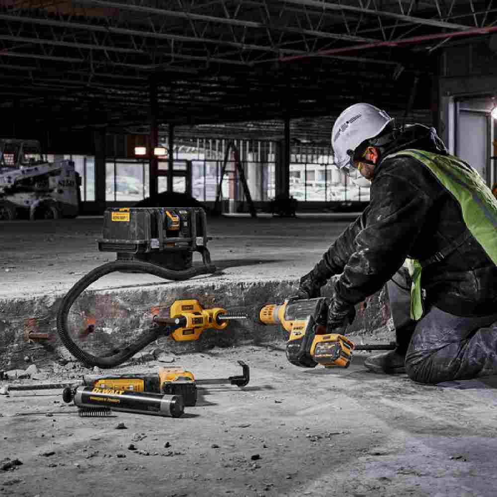 DeWalt DCH775X2 60V MAX Cordless Brushless 2 inch SDS Max Combination Rotary Hammer Drill Kit drilling horizontally with dust collector (Sold Separately)