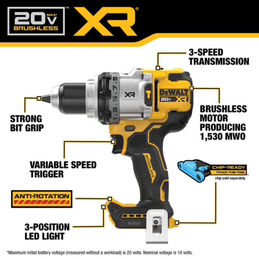 DeWalt DCK2101QQ2 20V MAX 2-Tool Cordless Brushless 1/2in Hammer Drill / Driver & 1/4in Impact Driver Combo Kit showing features of the drill