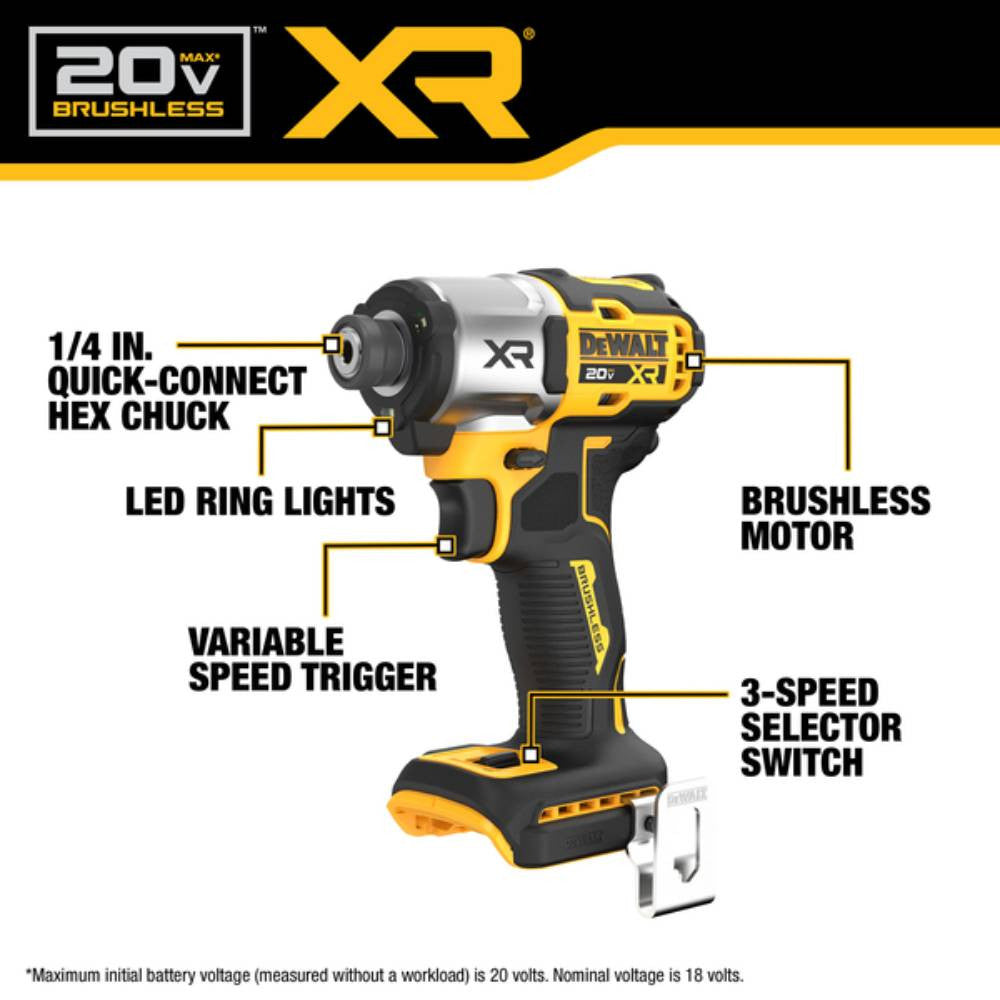 DeWalt DCK2101QQ2 20V MAX 2-Tool Cordless Brushless 1/2in Hammer Drill / Driver & 1/4in Impact Driver Combo Kit showing features of the impact driver