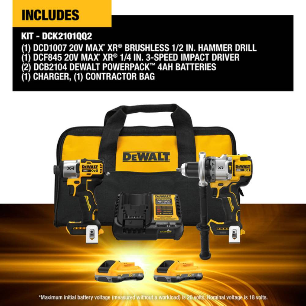 DeWalt DCK2101QQ2 20V MAX 2-Tool Cordless Brushless 1/2in Hammer Drill / Driver & 1/4in Impact Driver Combo Kit showing inclusions of the kit