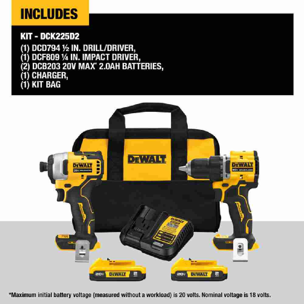 DeWalt DCK225D2 20V MAX ATOMIC 2-Tool Compact Cordless Brushless 1/2 inch Drill Driver  and 1/4 inch Impact Driver Combo Kit showing inclusions of the kit