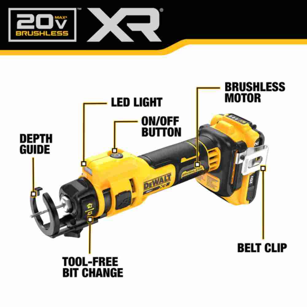 DeWalt DCK265D2 20V MAX XR 2-Tool Cordless Brushless Drywall Screwgun & Cut-Out Tool Combo Kit showing features of the drywall cutout