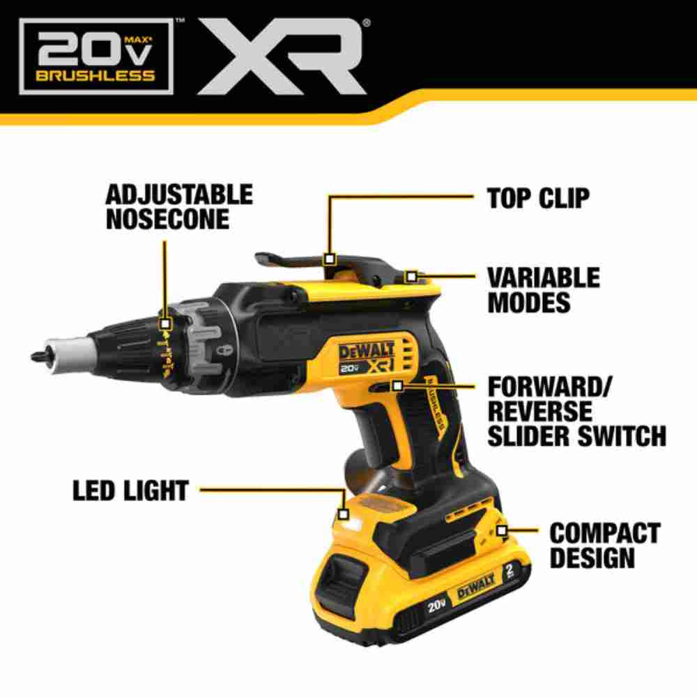 DeWalt DCK265D2 20V MAX XR 2-Tool Cordless Brushless Drywall Screwgun & Cut-Out Tool Combo Kit showing features of the drywall screwgun