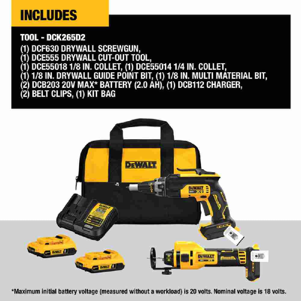 DeWalt DCK265D2 20V MAX XR 2-Tool Cordless Brushless Drywall Screwgun  and Cut-Out Tool Combo Kit showing inclusions of the kit