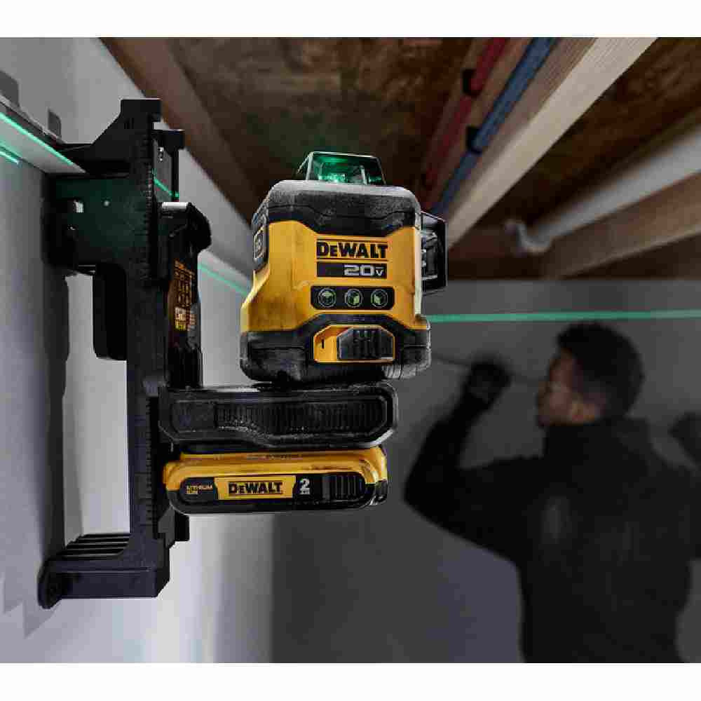 DeWalt DCLE34031D1 20V MAX 3 x 360 degree Green Line Laser Kit showing in use with included bracket to level suspended ceiling on drywall