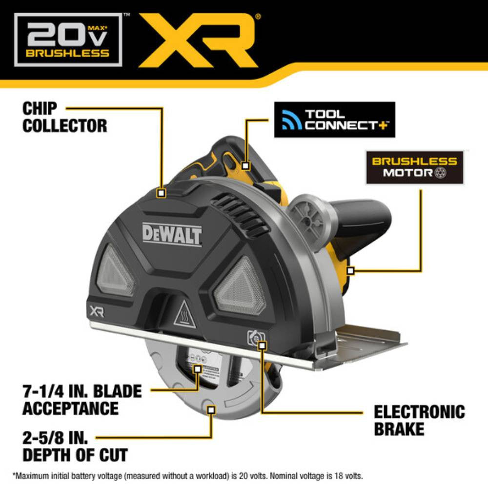 DeWalt DCS383B 20V MAX XR Cordless Brushless 7-1/4in Metal Cutting Circular Saw (Tool Only) showing features of the tools
