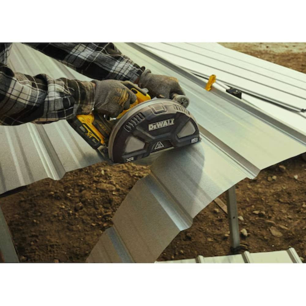 DeWalt DCS383B 20V MAX XR Cordless Brushless 7-1/4in Metal Cutting Circular Saw (Tool Only) showing in use cutting corticated metal (Battery sold separately)