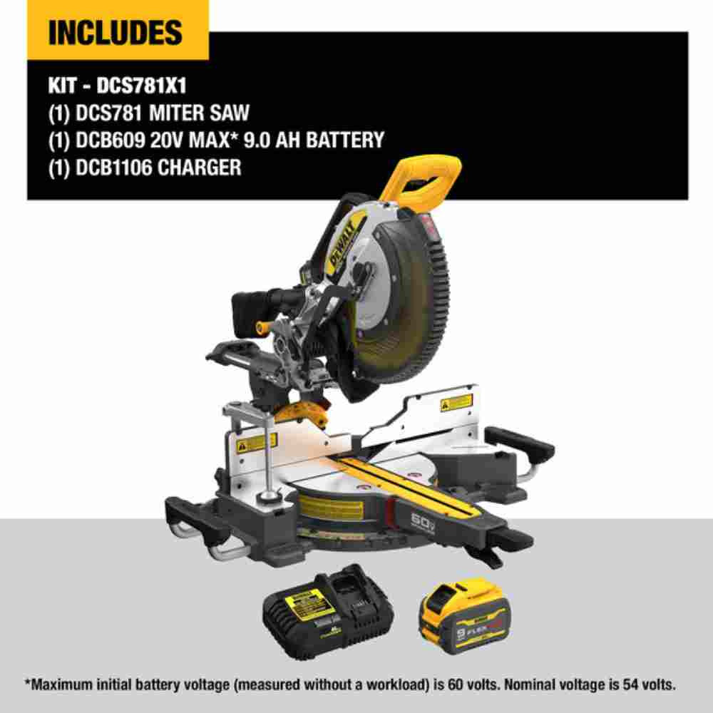 DeWalt DCS781X1 60V MAX 12 inch Cordless Brushless Double Bevel Sliding Miter Saw Kit showing inclusions of the kit