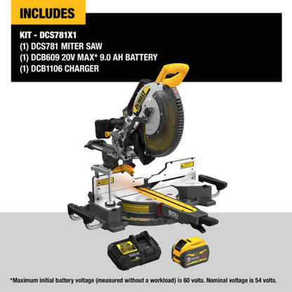 DeWalt DCS781X1 60V MAX 12 inch Cordless Brushless Double Bevel Sliding Miter Saw Kit showing inclusions of the kit