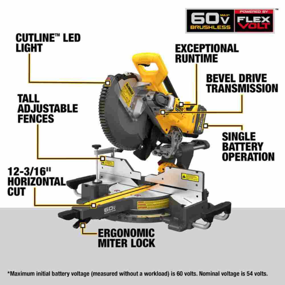 DeWalt DCS781X1 60V MAX 12 inch Cordless Brushless Double Bevel Sliding Miter Saw Kit showing features of the miter saw