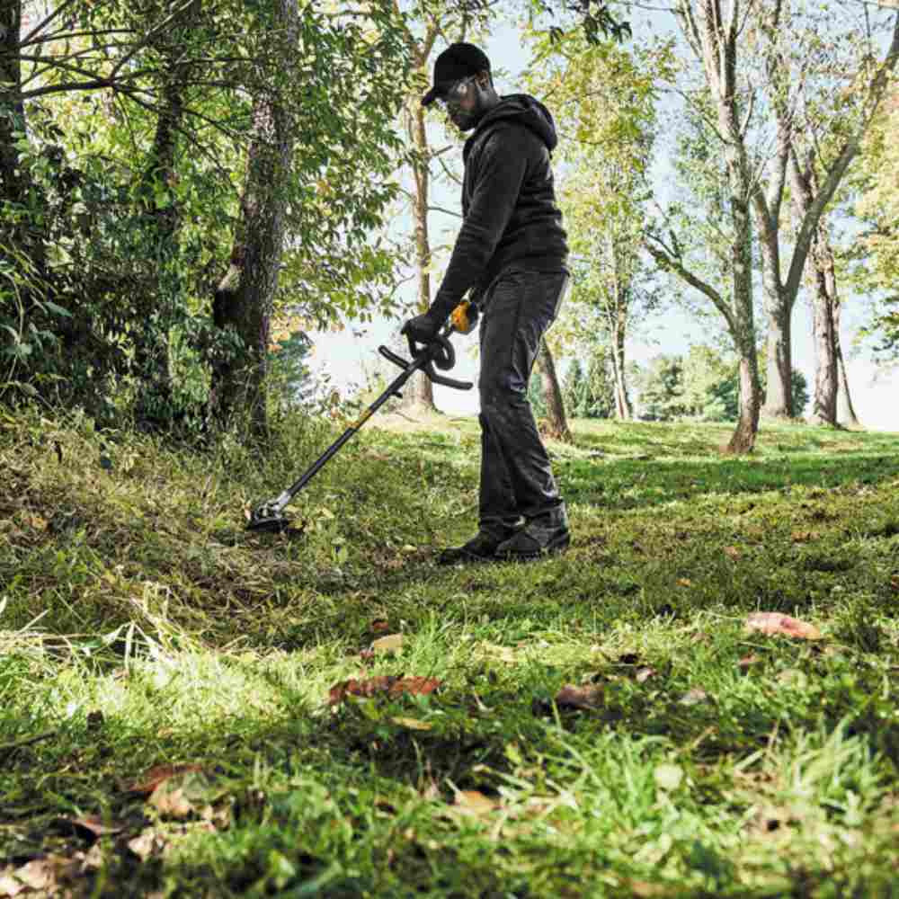 DeWalt DCST972B 60V MAX 17 inch Brushless Dual Line String Trimmer (Tool Only) showing in use cutting cutting tall grasses next to a path