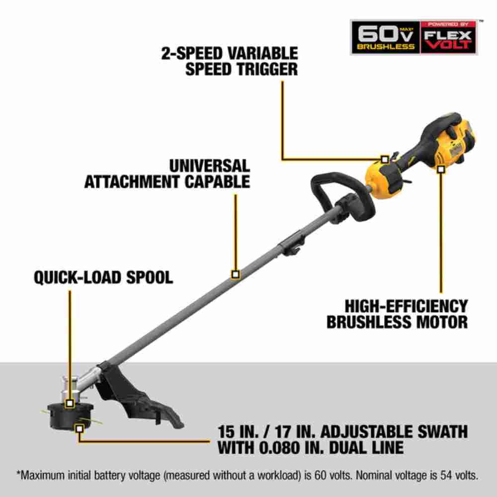 DeWalt DCST972B 60V MAX 17 inch Brushless Dual Line String Trimmer (Tool Only) showing features of the string strimmer